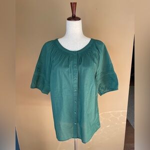 Talbots Womens Button Down Cotton Peasant Blouse Top Puff Large Green Lace